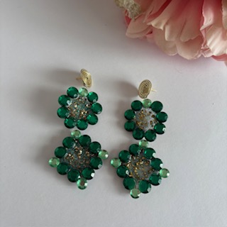 Pendientes Floral verde y dorada.
